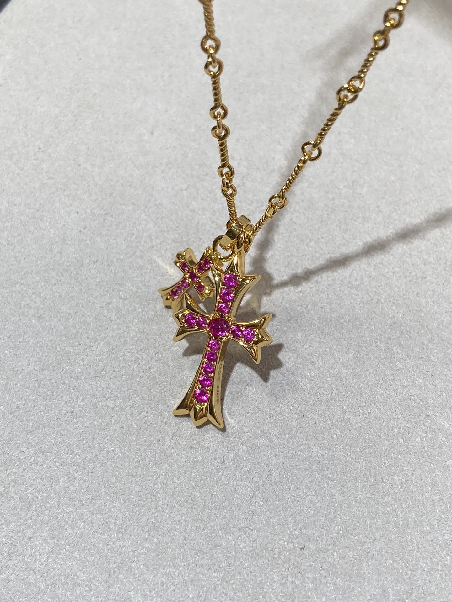 Chrome Hearts Gold Cross Pendant Necklace with Pink Stones